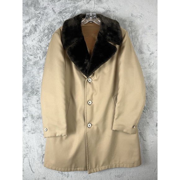 Vintage 1970s Sears Best Overcoat Mens 42 Beige Faux Fur Lined Long Button Front